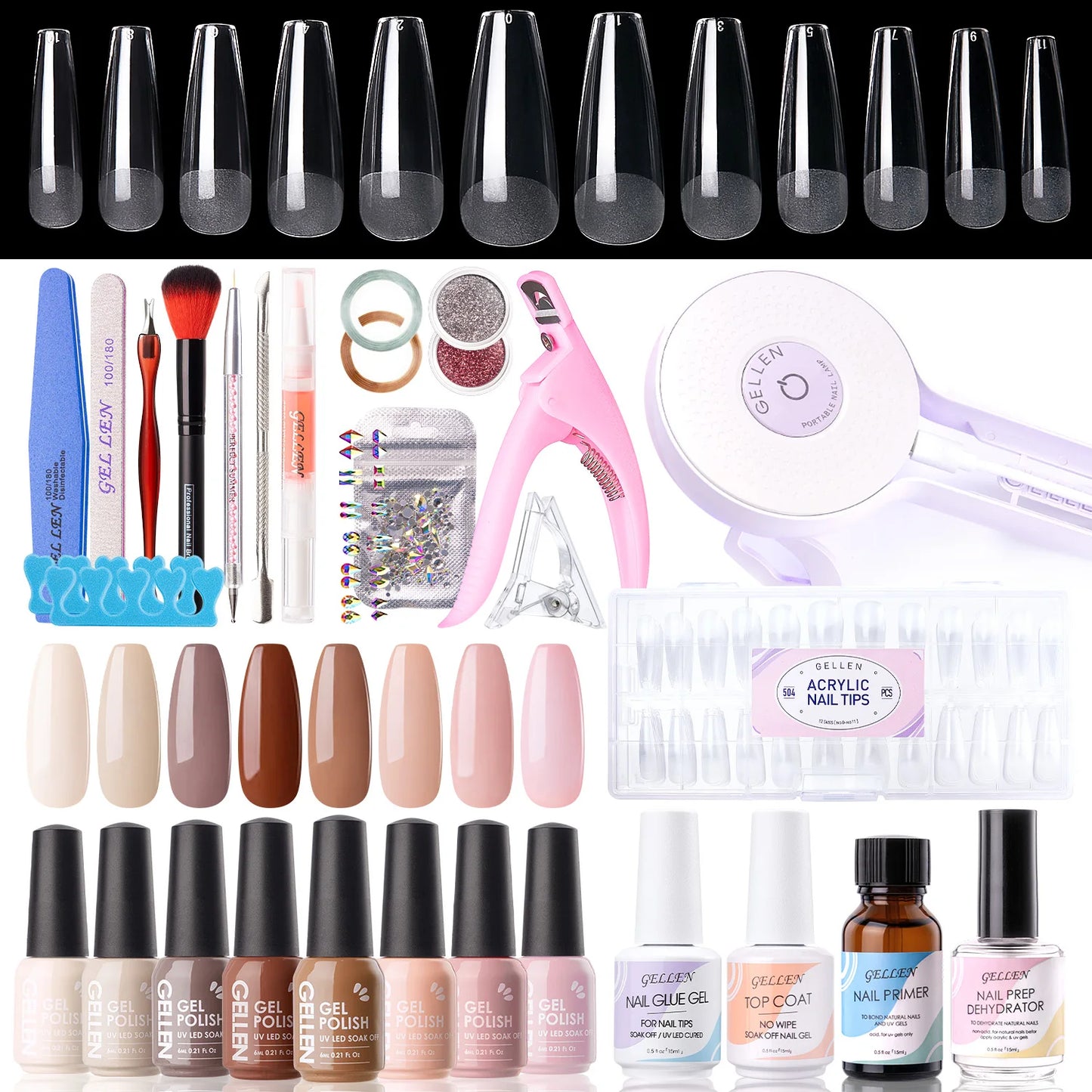 8 Colors Gel Nail Polish Kit with 36W UV Light Nail Dryer 504Pcs Coffin Fake Fails Tips and Glue Prep Top Base Coat Manicure Kit