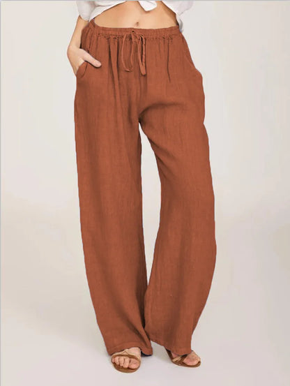 Loose Linen-Blend Wide Leg Casual Pants: Breathable Drawstring Summer Trousers
