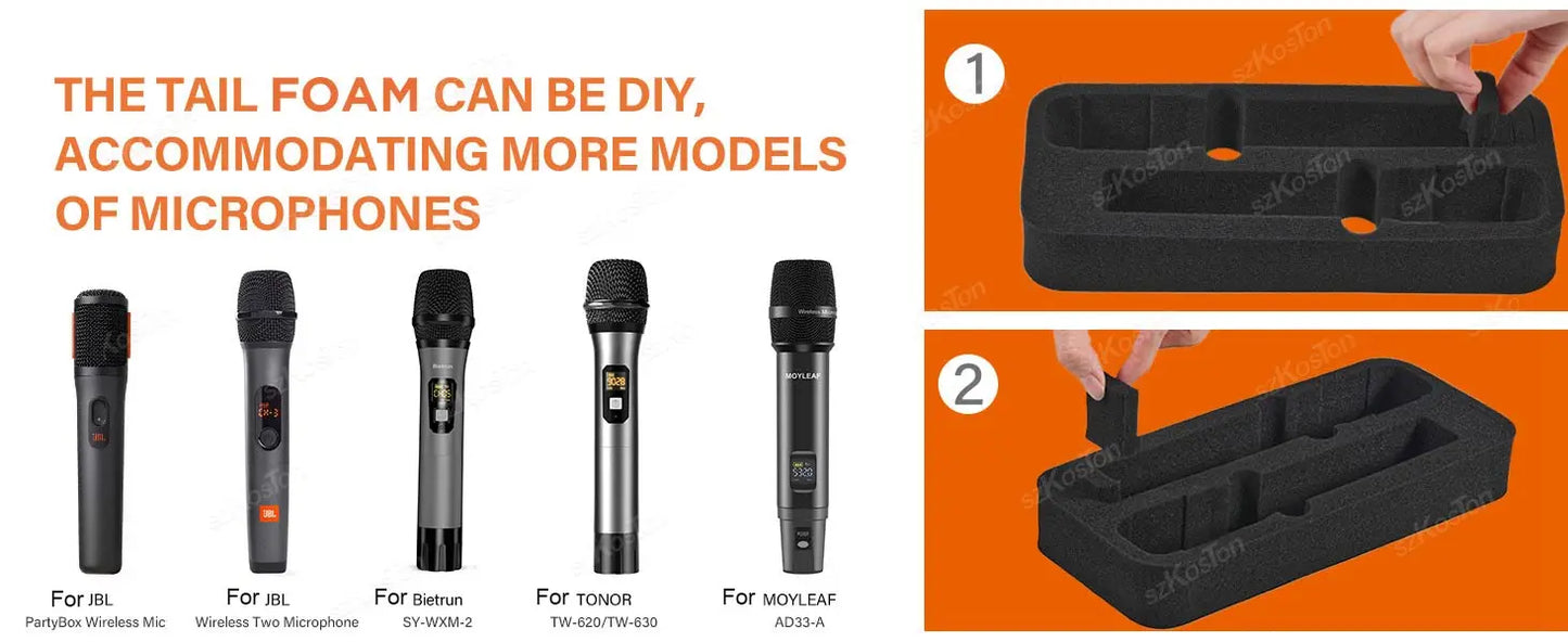 Travel Storage Bag Wireless Microphone Case Compatible with JBL 2 Mic Adjustable DIY Foam for Partybox Mic Portable Bag