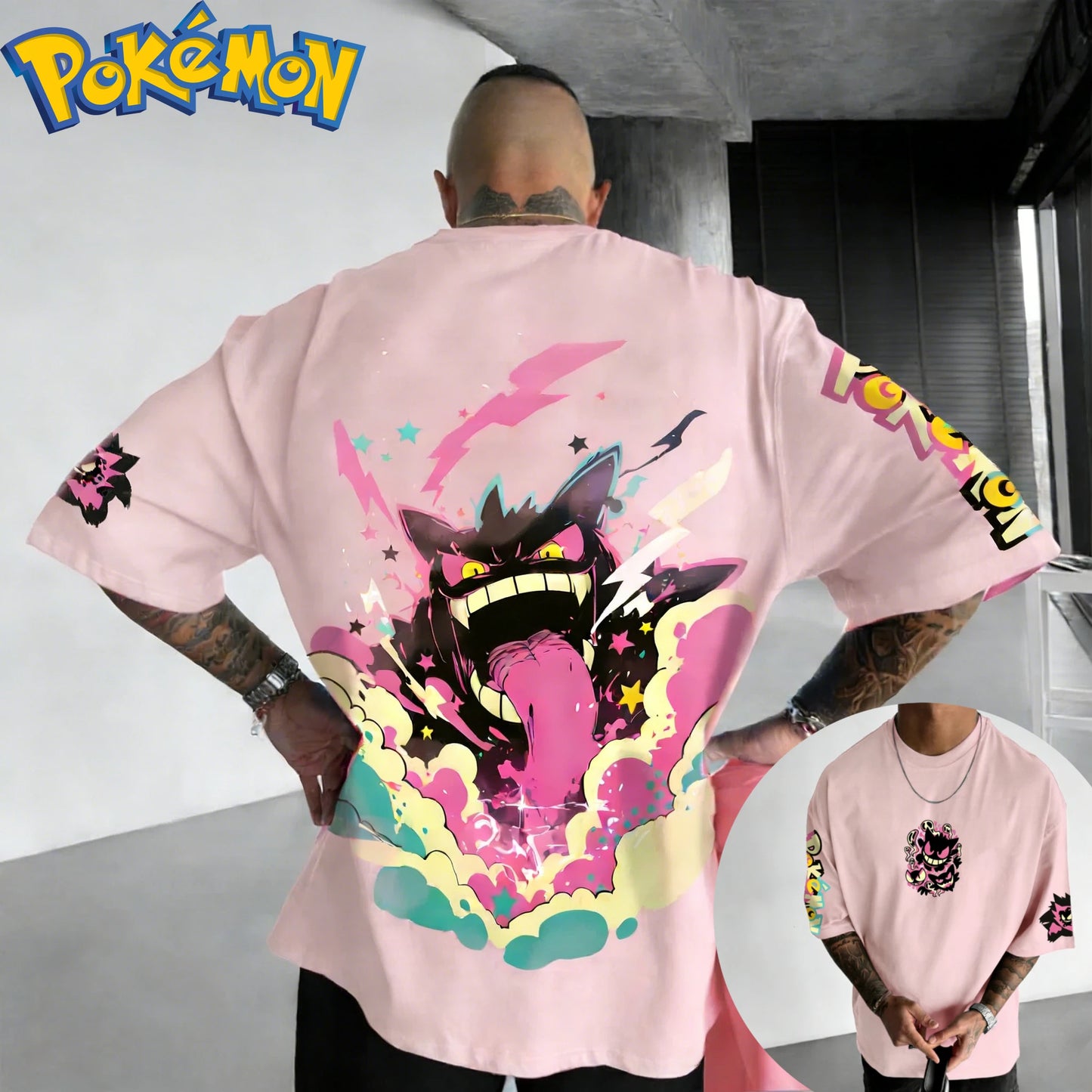 New Pokemon Cotton T Shirt with Gengar Back Print Pink Lightning Blue Smoke and Star Effects Loose Fit Men Women Casual