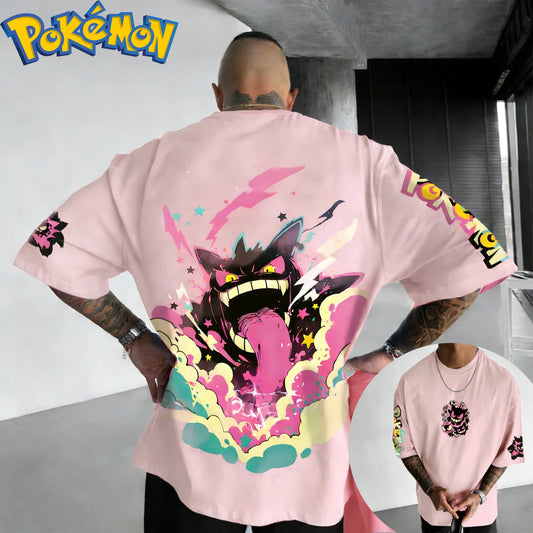 New Pokemon Cotton T Shirt with Gengar Back Print Pink Lightning Blue Smoke and Star Effects Loose Fit Men Women Casual