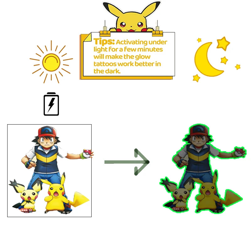 8pcs Luminous Pokemon Pikachu Cute Tattoo Stickers Arm Face Glowing Body Art Children Temporary Tattoo Kids Gift Party Supplies