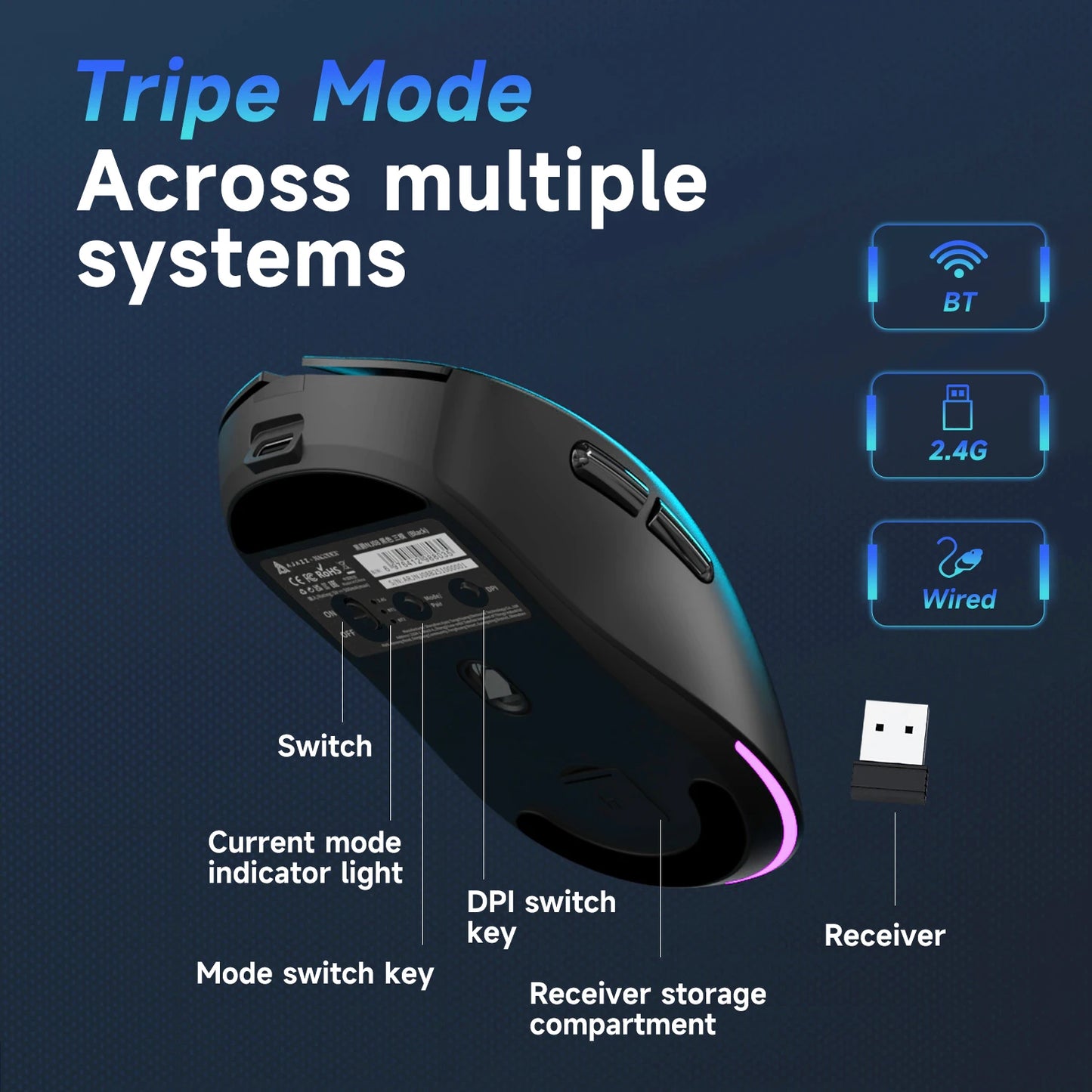 AJAZZ NJ08 Tri-Mode Wired/2.4G/Bluetooth Gaming and Office Mouse with RGB Lighting and Lightweight Design