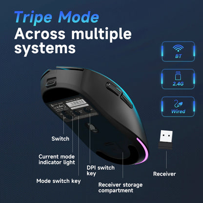 AJAZZ NJ08 Tri-Mode Wired/2.4G/Bluetooth Gaming and Office Mouse with RGB Lighting and Lightweight Design