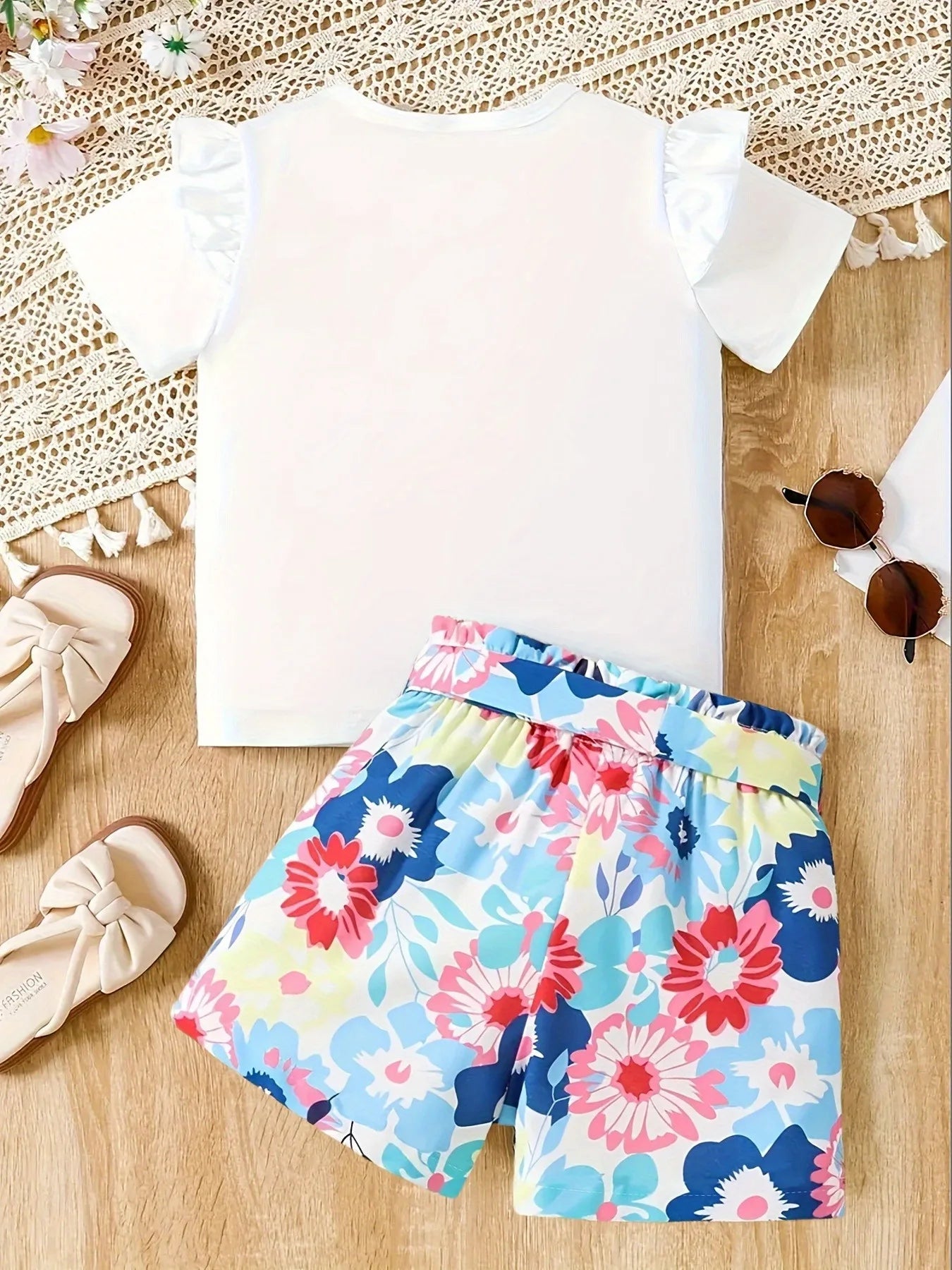 Girls 2-Piece Princess Outfit - "Princess You Glow Girl" Print Ruffle Sleeve T-Shirt & Floral Print Belted Shorts Set for Kids
