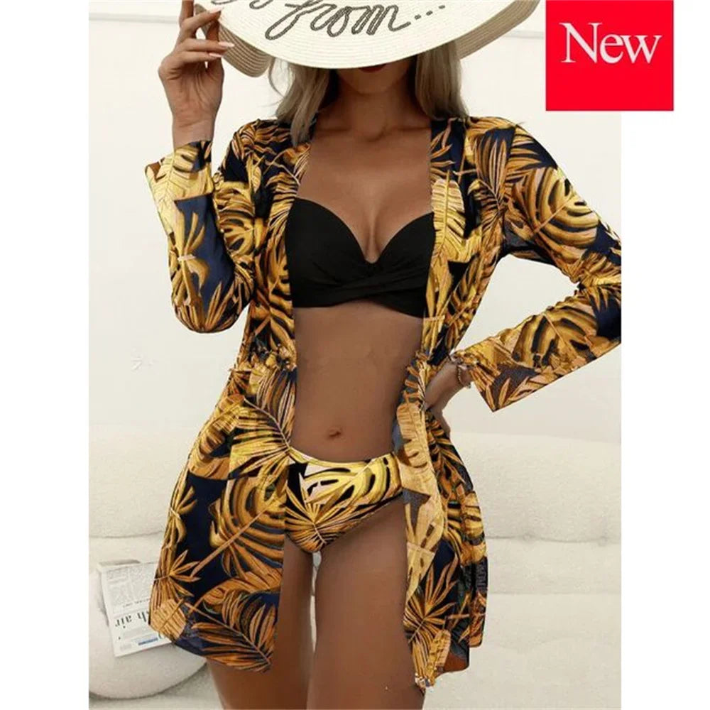 Three Pieces Bikini Set Cover Up Women 2023 New Push Up Twist Swimsuit Print Long Sleeve Swimwear Biquini Bathing Suit Summer