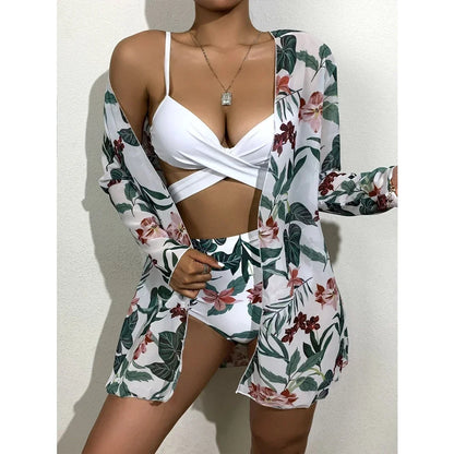 Three Pieces Bikini Set Cover Up Women 2023 New Push Up Twist Swimsuit Print Long Sleeve Swimwear Biquini Bathing Suit Summer