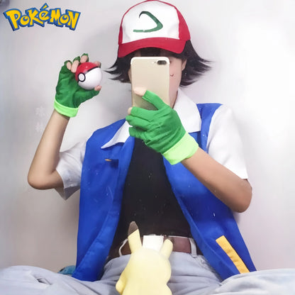 Pokemon Ash Ketchum Figures Men Cosplay Costume Blue Jacket Boys For Halloween Party Trainer Gloves Cap Set Anime Christmas Gift