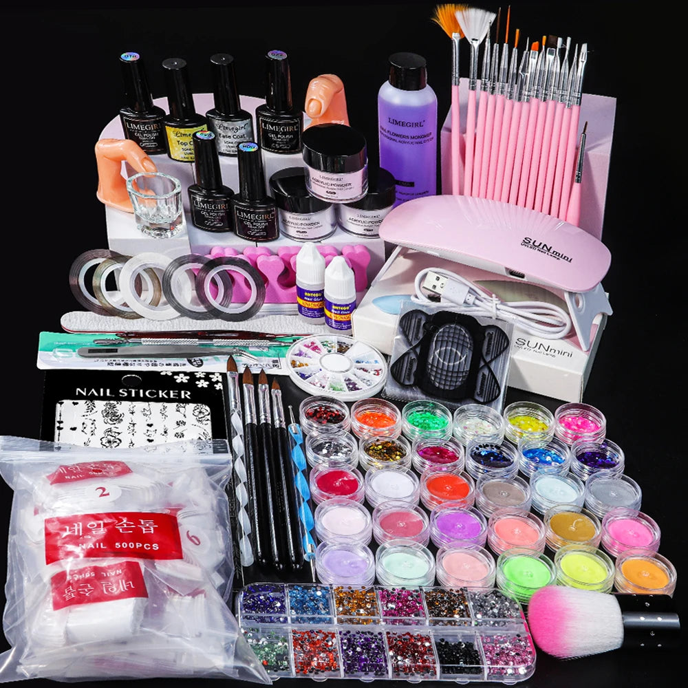 LIMEGIRL Acrylic Powder Kit and Liquid Monomer Nail Kit 3D Art Nail Extension Decoration with UV LED Light Crystal Powder Kit