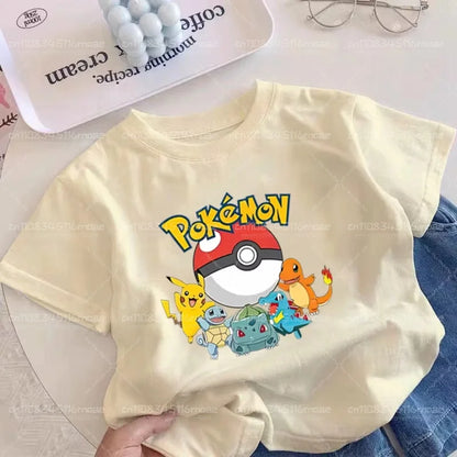 Pok é Mon Children's/Adult Clothing Pikachu Cotton T-shirt Boys and Girls Cartoon Anime T-shirt Cute Printed Clothing Gift