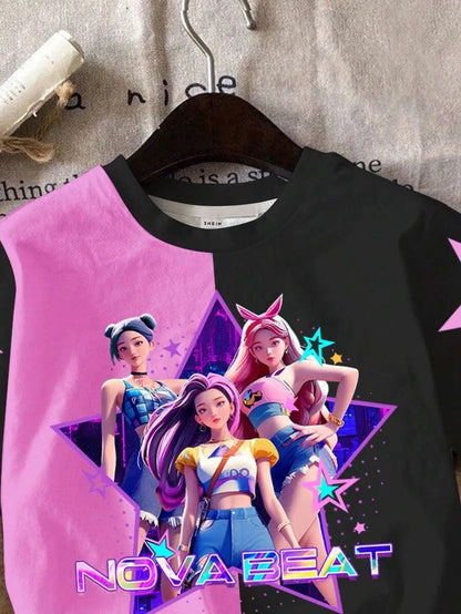 Girls' Nova Beat K-Pop Split-Design Set: Star Graphic Tee & Biker Shorts 2-Piece Outfit