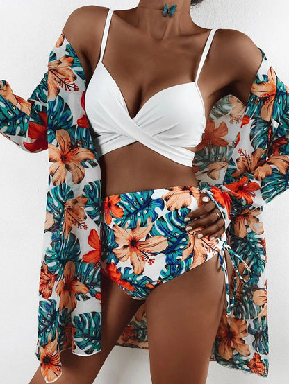 Three Pieces Bikini Set Cover Up Women 2023 New Push Up Twist Swimsuit Print Long Sleeve Swimwear Biquini Bathing Suit Summer