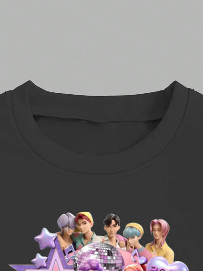 Girls' 2026 K-Pop World Tour Set: Black Idol Graphic Tee & Pastel Character Flared Pants