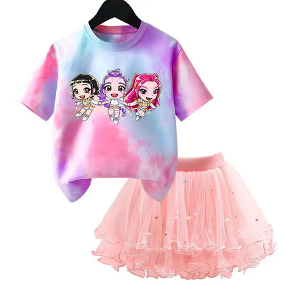 Girls' K-Pop HUNTRX Princess Set: Tie-Dye Graphic Tee & Pearl Tutu Skirt 2-Piece Outfit