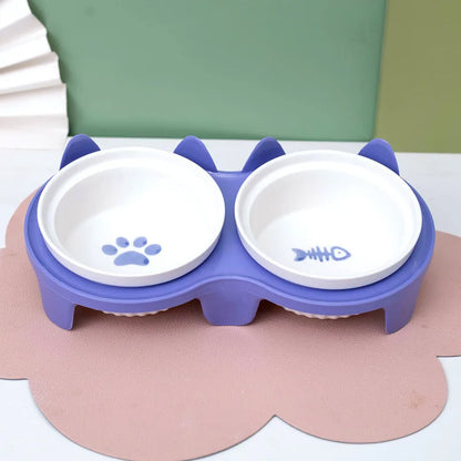 Cat bowl ceramic, cat food bowl double bowl drinking water, dog basin, pet oblique mouth to protect the cervical vertebrae