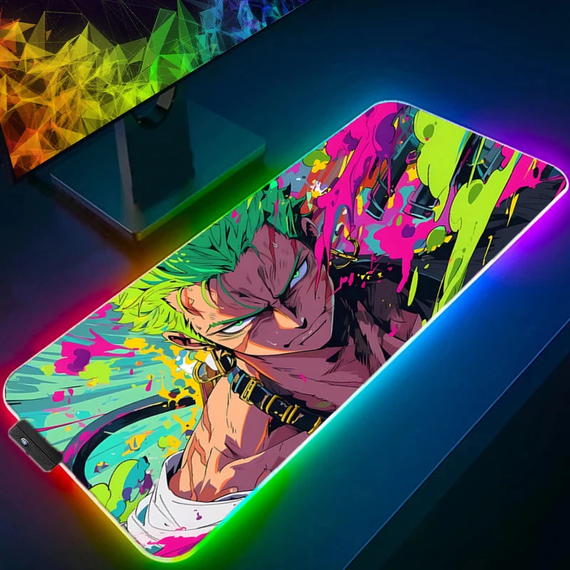 ONE PIECE Zoro RGB Mouse Pad Anime Carpe Large PC Gamer Computer LED Mausepad Keyboard Gaming Accessories Backlight Desk Mat XXL