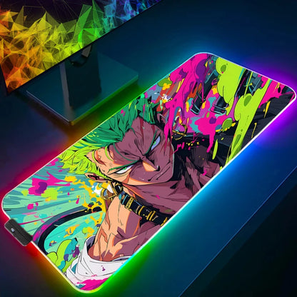 ONE PIECE Zoro RGB Mouse Pad Anime Carpe Large PC Gamer Computer LED Mausepad Keyboard Gaming Accessories Backlight Desk Mat XXL