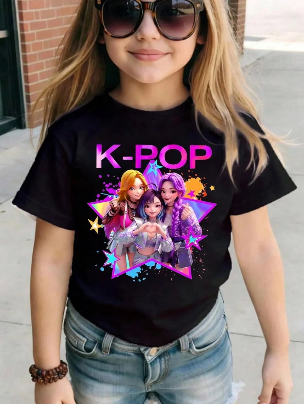 Kpop Cartoon Graphic Girls T-Shirt Casual Round-Neck T-Shirt Suitable for Girls Kids Gift Short Sleeve Tops Children's Clothing
