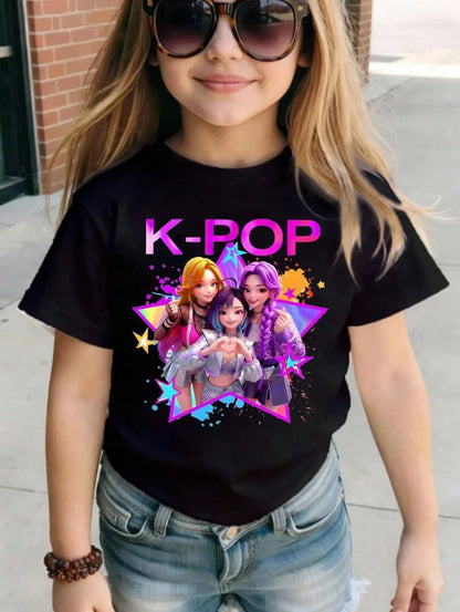 Kpop Cartoon Graphic Girls T-Shirt Casual Round-Neck T-Shirt Suitable for Girls Kids Gift Short Sleeve Tops Children's Clothing