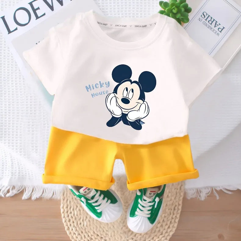 DISNEY Cartoon Printed Boys T Shirt Sets Summer Breathable Kids Short Sleeve Top and Shorts Two Piece Set Child Casual Outfits