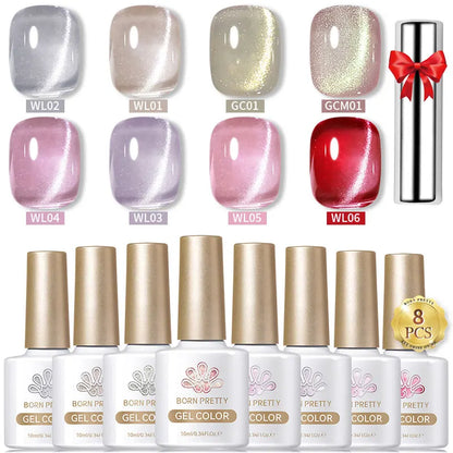 BORN PRETTY 8Pcs Glitter Cat Magnetic Nail Gel Polish Set Moonlight Transparent Summer Semi Permanent UV Gel Soak Off Nail Gel