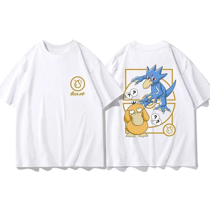 Pokémon Joint Peripheral Products Short Sleeve T-Shirt Gengar Psyduck Mewtwo Printed Men's Boys and Girls Summer New Fashion Top