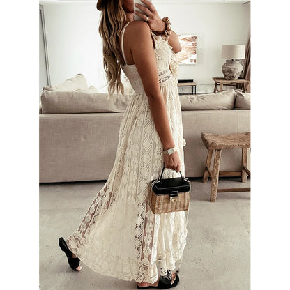 2026 Fashion Women Lace White Long Dress Sleeveless V Neck Flowy Ruffle Dress Summer Bohemian Retro Sexy Beach Holiday Dresses