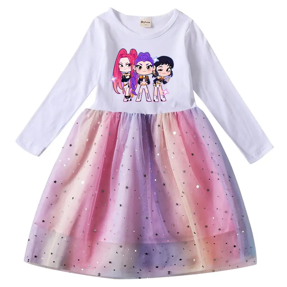 Girls' K-Pop Demon Hunters "Star Sparkle" Long Sleeve Tutu Dress: Rainbow Tulle Princess Gown