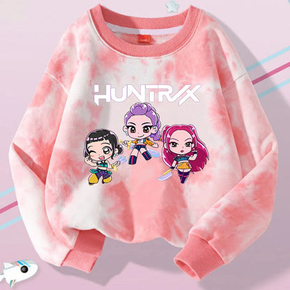 K-Pop Hunters Zoey Mira Rumi Tie-dyed Sweatshirt for Girl Pullover Crew Neck Child Sportwear Long Sleeve Cartoon Kids Tops