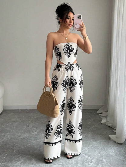 2pcs Set Halter Tie Bow Crop Top And Wide Leg Printed Pants For Women