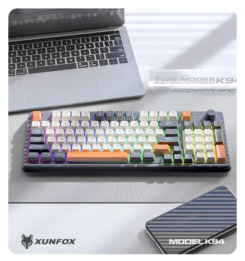 K94 Wireless Gaming Keyboard, BT 5.0/2.4GHz With Dual Mode 2-in-1 Receiver, 95 Keys TKL Rainbow LED Backlit Quiet Keyboard For