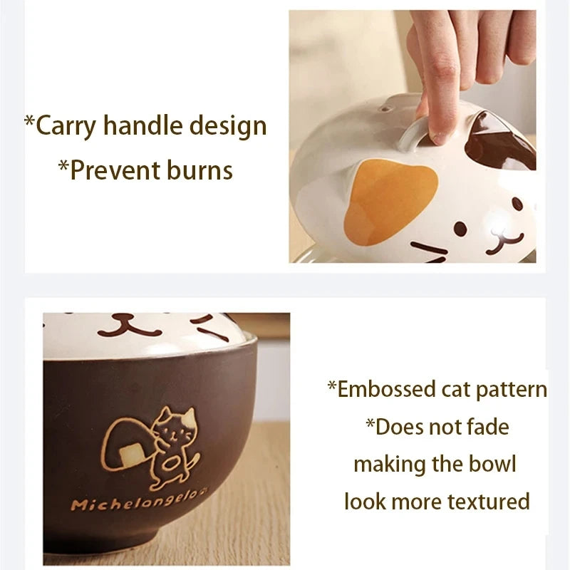 Cartoon Cat Ceramic Noodle Bowl with Lid 🐱🍜