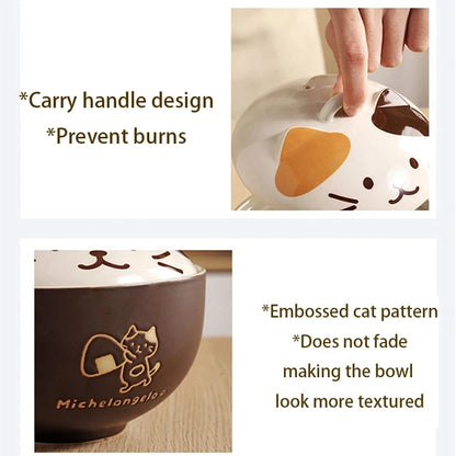 Cartoon Cat Ceramic Noodle Bowl with Lid 🐱🍜