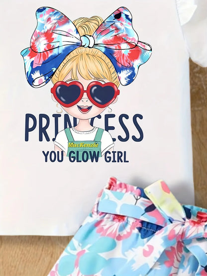 Girls 2-Piece Princess Outfit - "Princess You Glow Girl" Print Ruffle Sleeve T-Shirt & Floral Print Belted Shorts Set for Kids