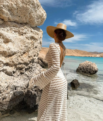 Sexy Knit Mesh Backless Long Bell Sleeve Beach Maxi Dress 2026 Women's Summer Slim Outfits Vacation Swimsuit Cover Up Tunic K205