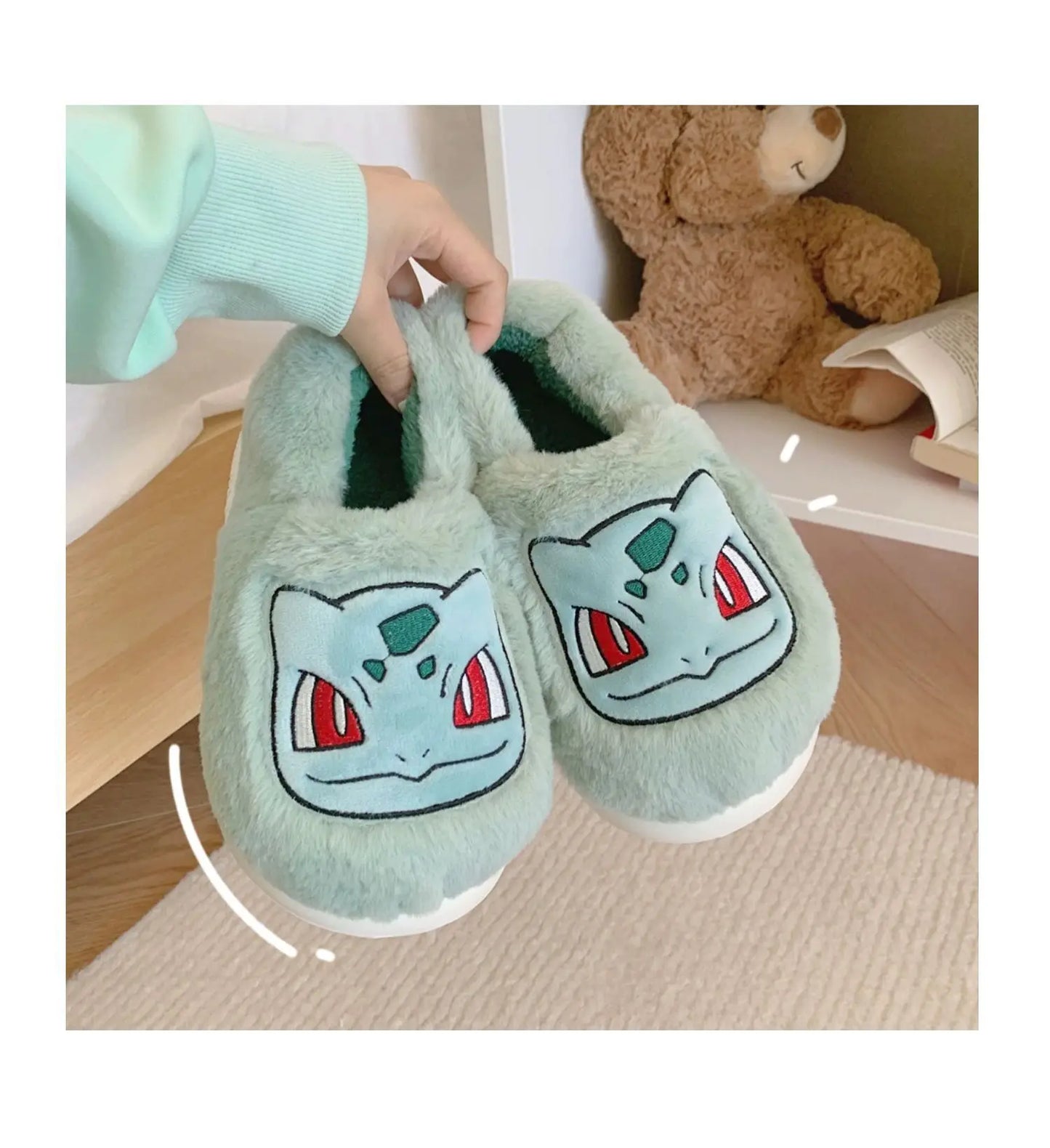Pokémon Genuine Bulbasaur Indoor Fall and Winter Plus Velvet Warm Soft-soled Comfortable Cotton Slippers for Men and Women