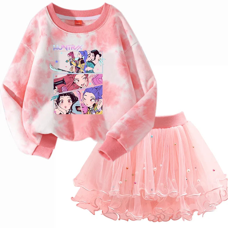 Girls' K-Pop HUNTRX Autumn Set: Pink Tie-Dye Sweatshirt & Pearl Tulle Princess Skirt
