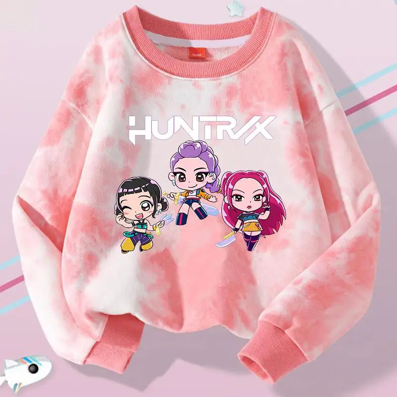 K-Pop Hunters Zoey Mira Rumi Tie-dyed Sweatshirt for Girl Pullover Crew Neck Child Sportwear Long Sleeve Cartoon Kids Tops