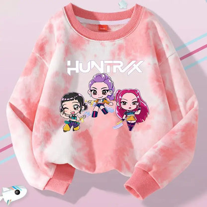 K-Pop Hunters Zoey Mira Rumi Tie-dyed Sweatshirt for Girl Pullover Crew Neck Child Sportwear Long Sleeve Cartoon Kids Tops