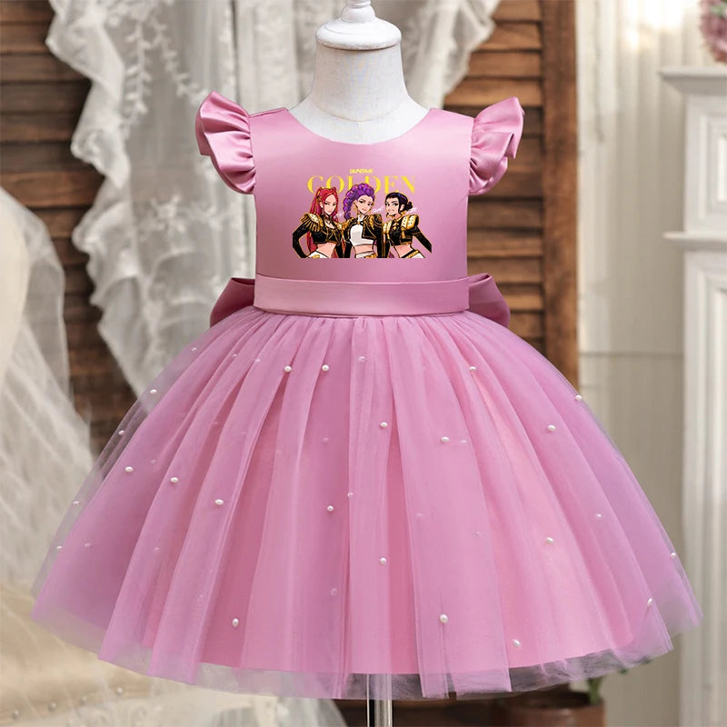 Girls' K-Pop "Pearl Essence" Gala Gown: Pink Tulle Tutu Dress with XL Back Bow & Beading