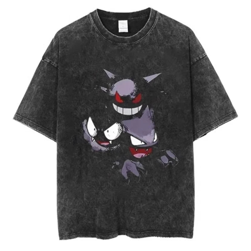 Pokemon Anime Retro Washed T-shirt Cotton Men's and Women's Summer New Item Plus Size T-shirt Y2K Loose Casual Short Sleeved Top