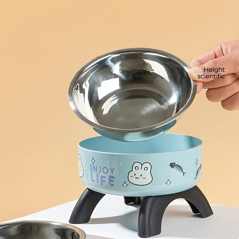 Stainless Steel Non-Slip Pet Bowl with Cute Pattern - Elevated, Spill-Proof Design for Small Dogs&Cats Neck Care Tall Cat Bowl