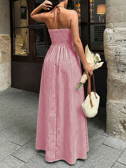 2026 Summer New Style Deep V-neck Striped Beach Dress, Sexy Backless Sleeveless Neckline Long Dress