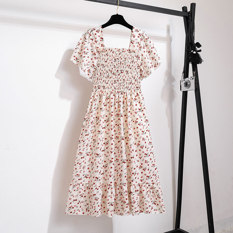 Floral Chiffon Smocked Midi Dress: Butterfly Sleeve Square Neck A-Line Gown