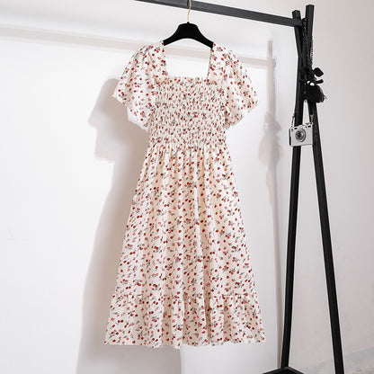 Floral Chiffon Smocked Midi Dress: Butterfly Sleeve Square Neck A-Line Gown