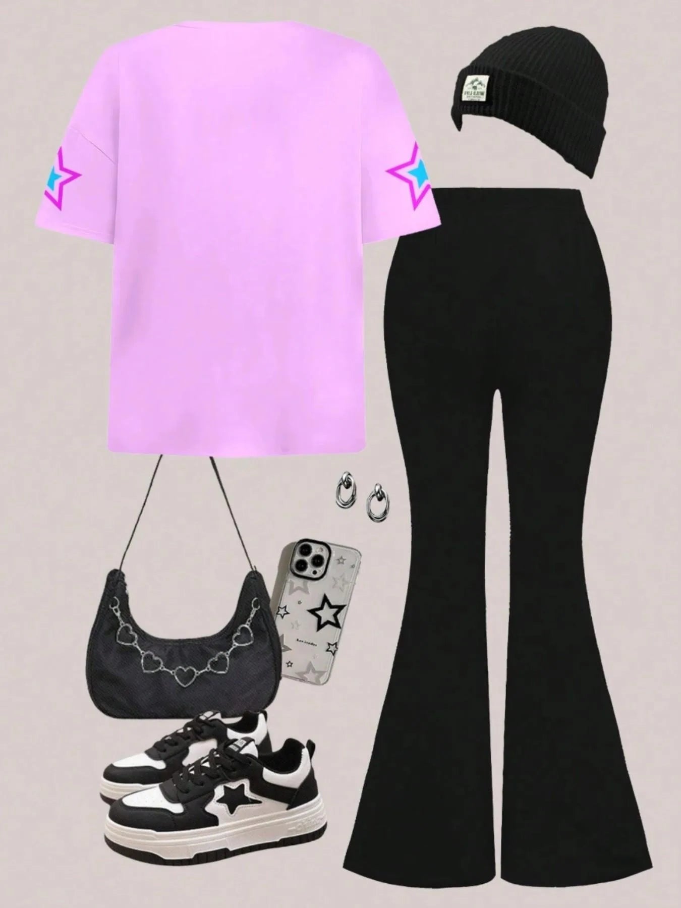 Girls' K-Pop "Nova Star" 2-Piece Set: Pink Idol Graphic Tee & Black Flare Pants