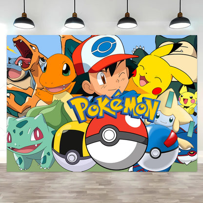 Cartoon Pikachu Charmander Monster Theme Background Cloth Happy Birthday Party Baby Shower Supplies Decor Banner Shooting Props