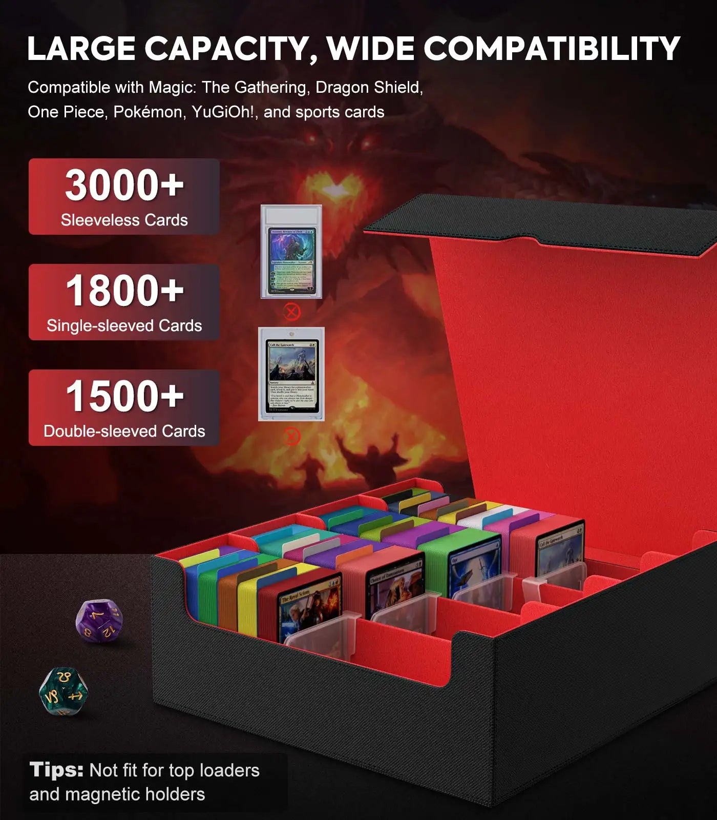 MoKo Trading Card Storage Box 3800+ MTG Deck Box with 24 Colorful Dividers & 5 Card Supporters 5 Row Commander Card Deck Box