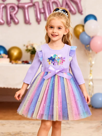 My Little Ponys Colorful Princess Dress for Kids Girls Casual Long Sleeve Sequin Mesh Dresses Party Gift 1-5Y