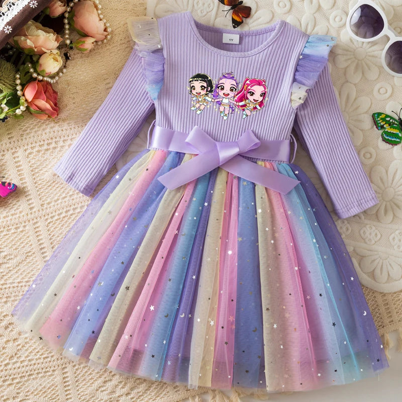 K-Pop Hunters Zoey Mira Rumi Colorful Princess Dress for Kids Girls Casual Long Sleeve Sequin Mesh Dresses Party Gift 1-5Y